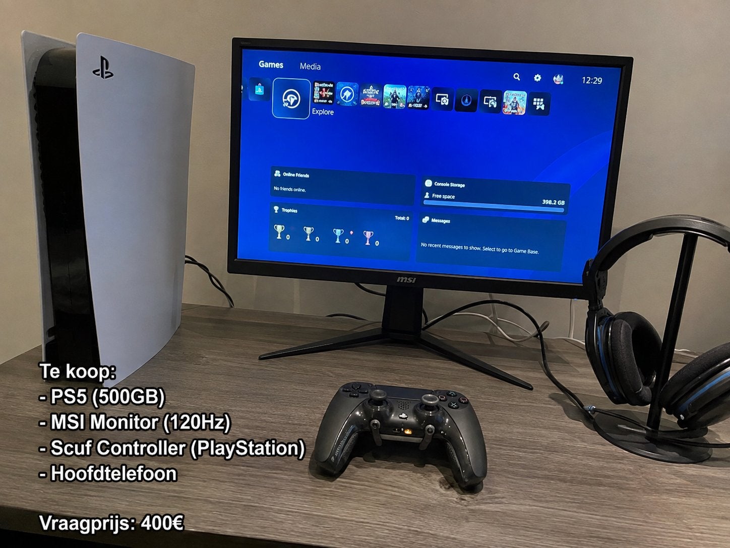 PS5 + MSI 27” curved monitor + SCUF controller + headset, Ophalen of Verzenden, Gebruikt, Playstation 5