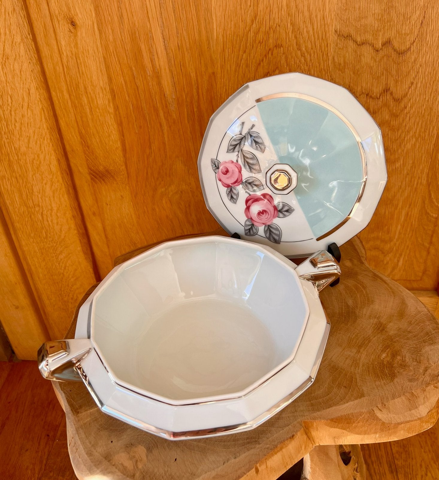 Twaalfhoekige art deco dekselschaal Unique Limoges turquoise, Antiek en Kunst, Ophalen of Verzenden