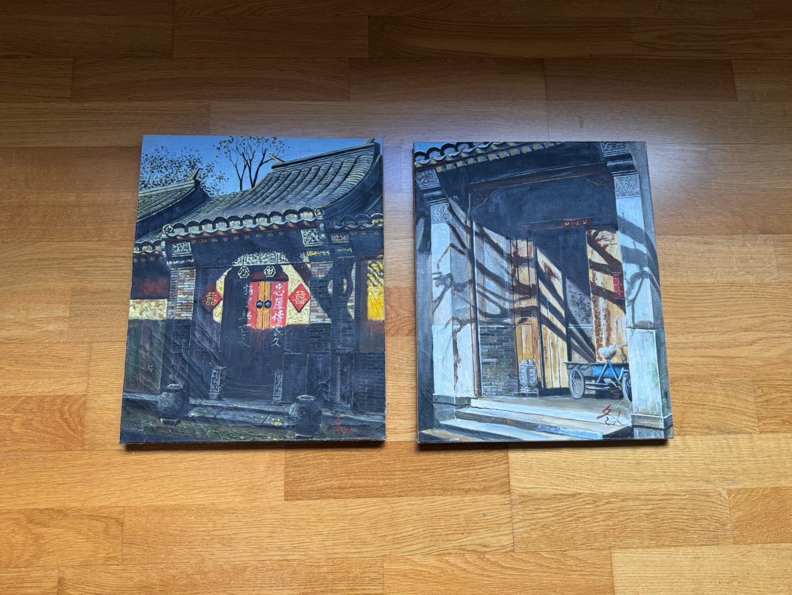 Lot de 2 Peintures sur toile japonaise sur cadre, Antiquités & Art, Décoration murale, 41 cm, Enlèvement, Textile