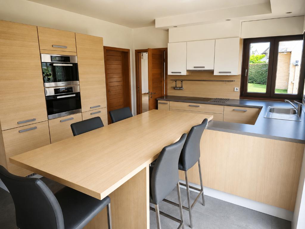 İngerichte keuken met toestellen, eettafel en stoelen, Huis en Inrichting, Keuken | Complete keukens, Ophalen, Gebruikt, Bruin