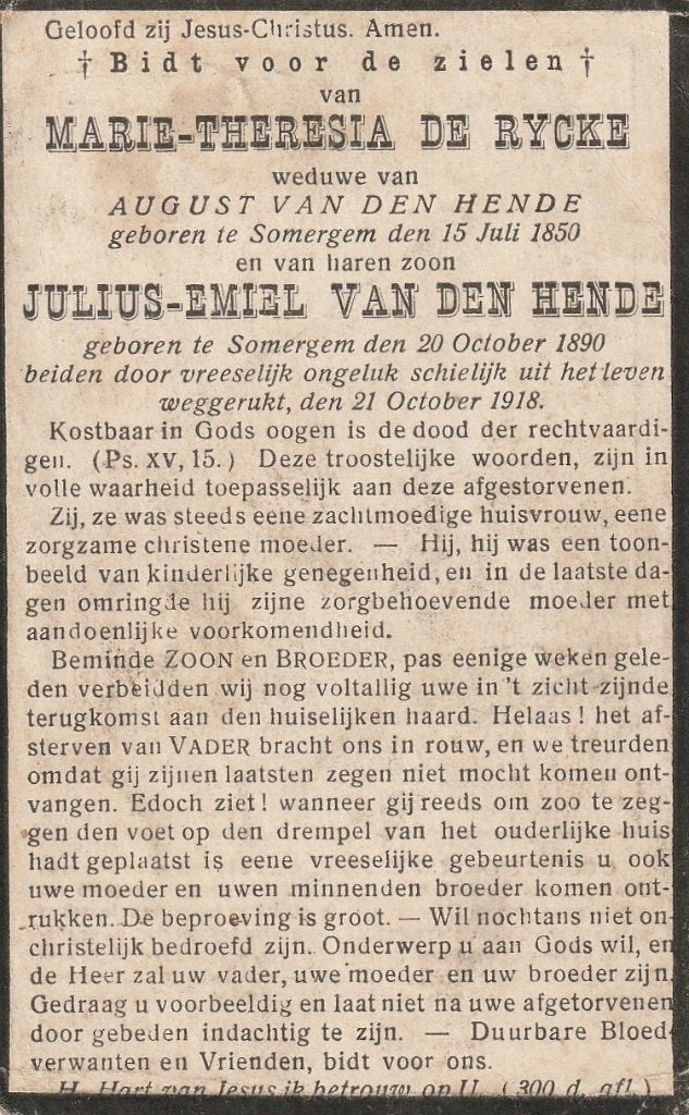Oorlogsslachtoffers 1914-1918 zie prent, Verzamelen, Bidprentjes en Rouwkaarten, Verzenden