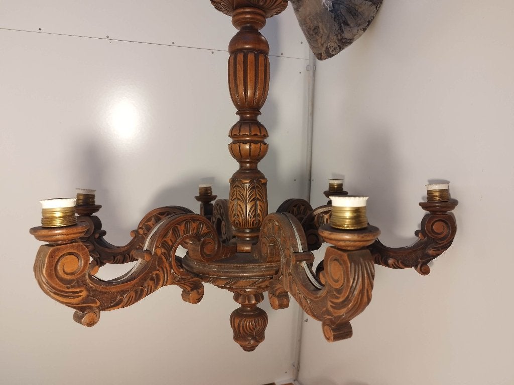 Grand lustre vintage 6 branches en bois sculpté (Ø 72 cm), Enlèvement
