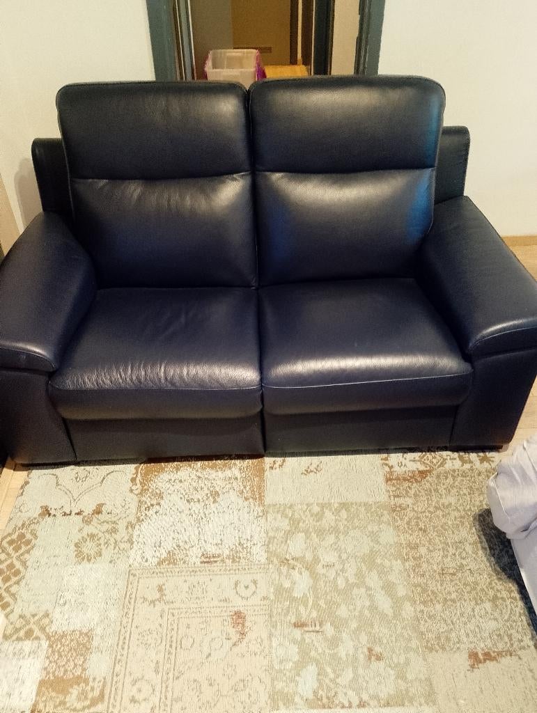 2 marineblauwe leren banken, Huis en Inrichting, Ophalen, Gebruikt, Minder dan 75 cm, 150 tot 200 cm