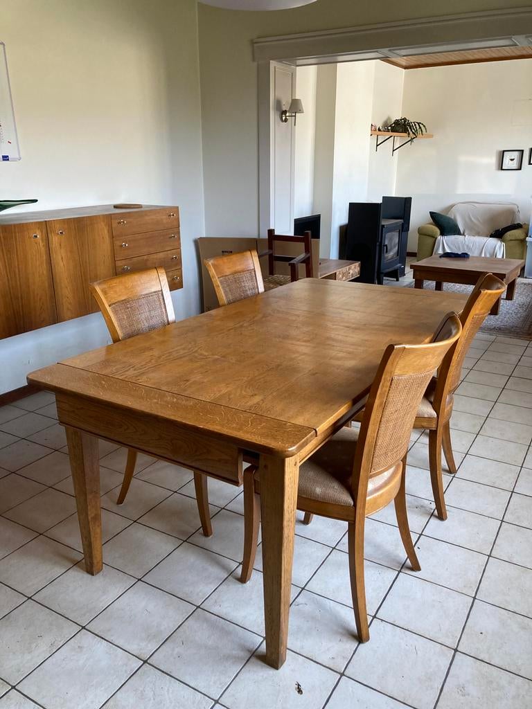 Table à manger extensible en bois 1,9x95 avec 6 chaises, Enlèvement, Utilisé, Neutraal - landelijk, 4 à 6 chaises