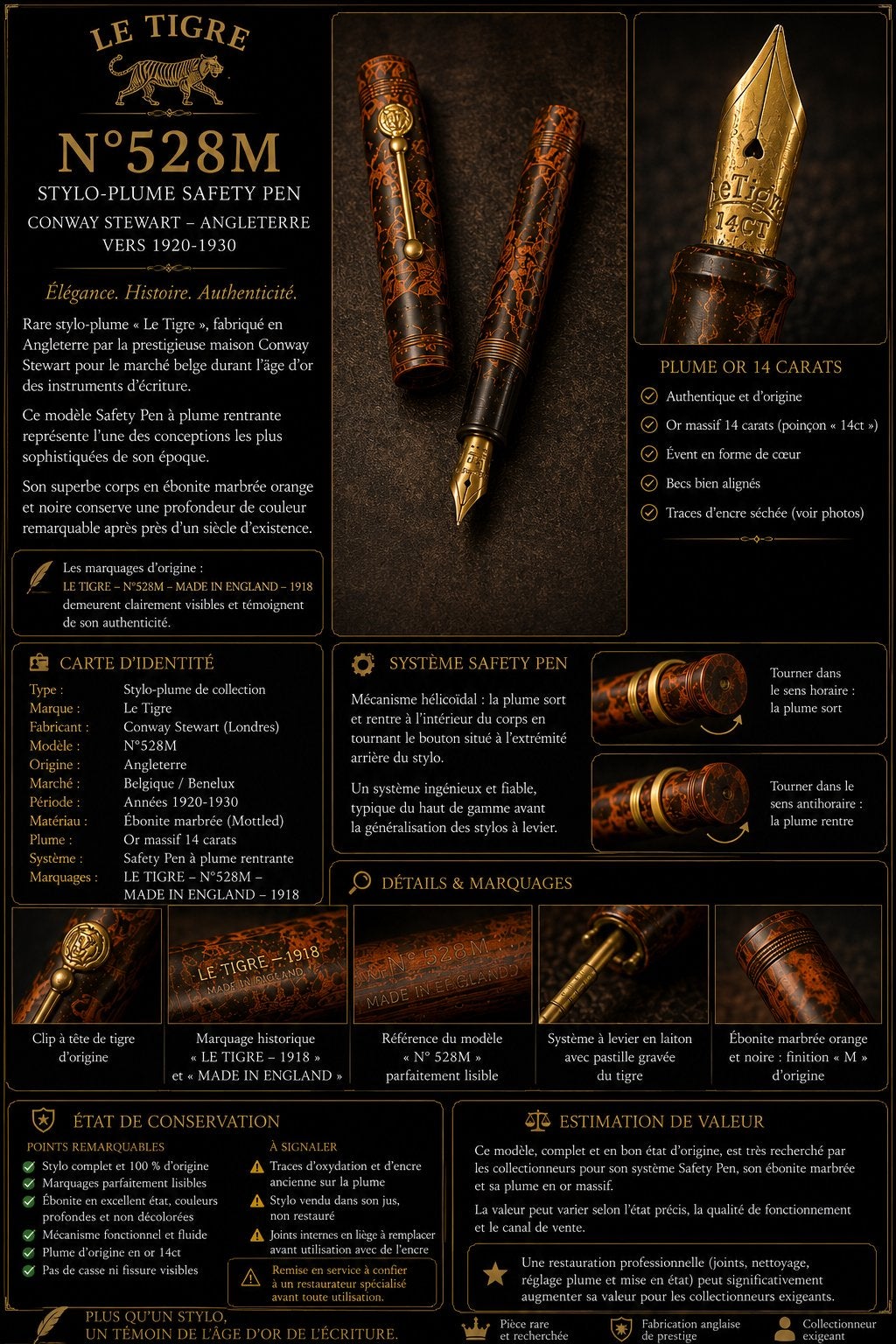 Le Tigre N°528M Safety Pen Or 14ct Conway Stewart, Collections, Stylos, Enlèvement ou Envoi, Comme neuf, Stylo
