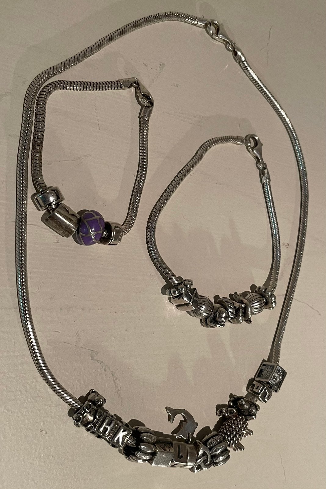 3 vintage Pandora (2 armband 1 ketting )25 bedels 925, Ophalen of Verzenden, Gebruikt, Zilver