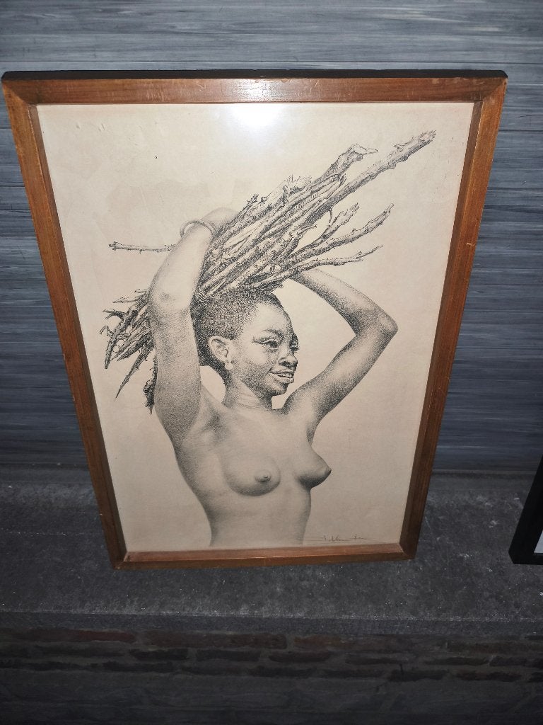 Dessin femme africaine signe, Antiek en Kunst, Kunst | Tekeningen en Fotografie, Ophalen of Verzenden, Tekening