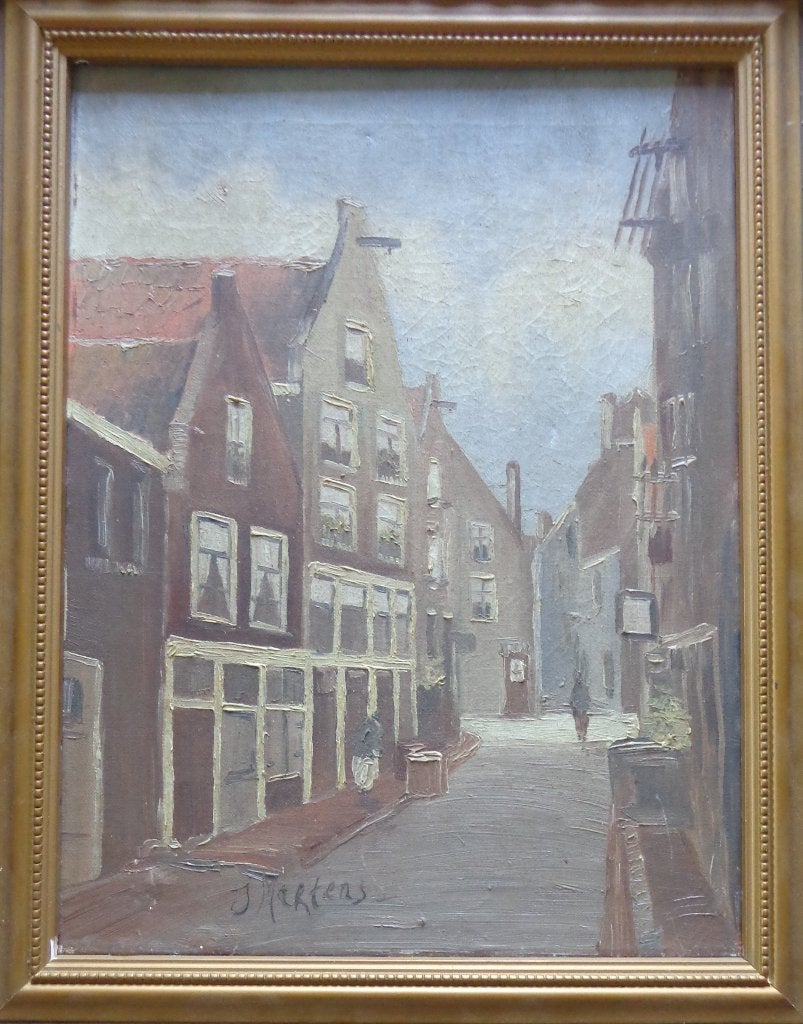 J. MARTENS / STADSZICHT NEDERLAND / OLIEVERF / 50x41cm KADER, Doek, Expressionistisch, Ophalen of Verzenden, Gesigneerd