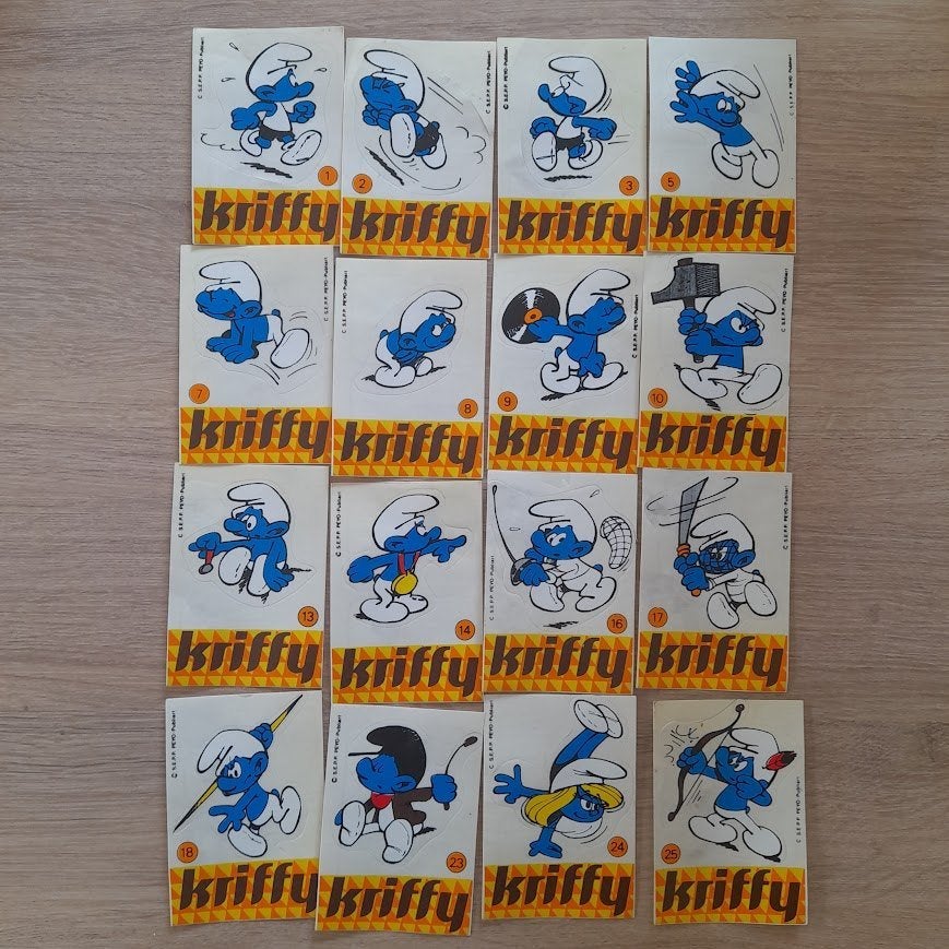Smurfen Kriffy sticker 16 stuks, Enlèvement ou Envoi, Utilisé, Bande dessinée ou Dessin animé