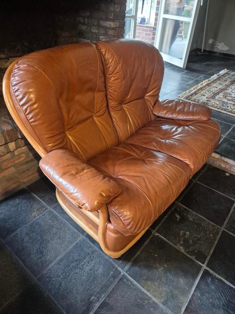 salon complet en cuir de buffle cognac, Maison & Meubles, Canapés | Coins salons complets, Utilisé, Bois, Cuir, Enlèvement