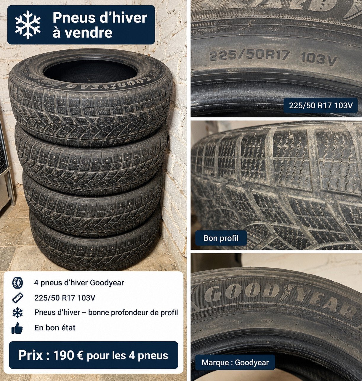 4 pneus d’hiver Goodyear 225/50 R17 103V, Enlèvement, Pneu(s)