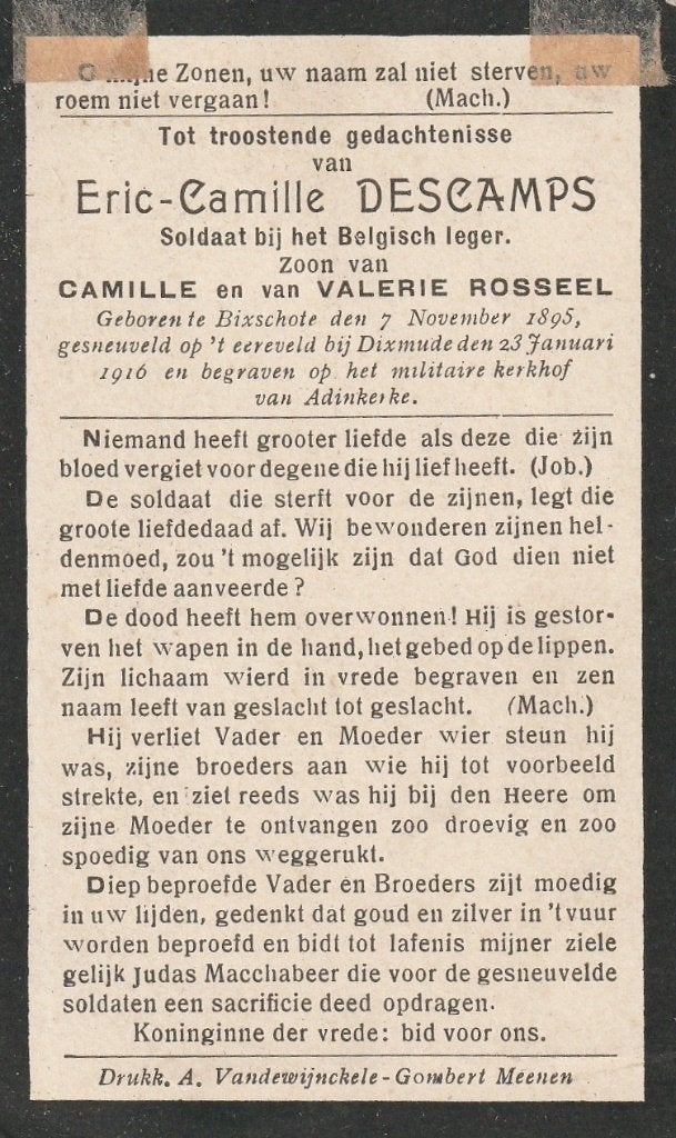 Gesneuvelde 1914-1918 Eric Descamps Bixschote - Dixmude, Verzenden