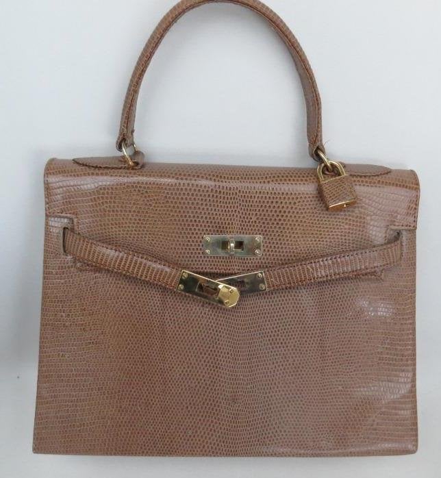 sac à main marron beige avec cadenas et clés vintage, Enlèvement ou Envoi, Utilisé, Beige, Sac à main