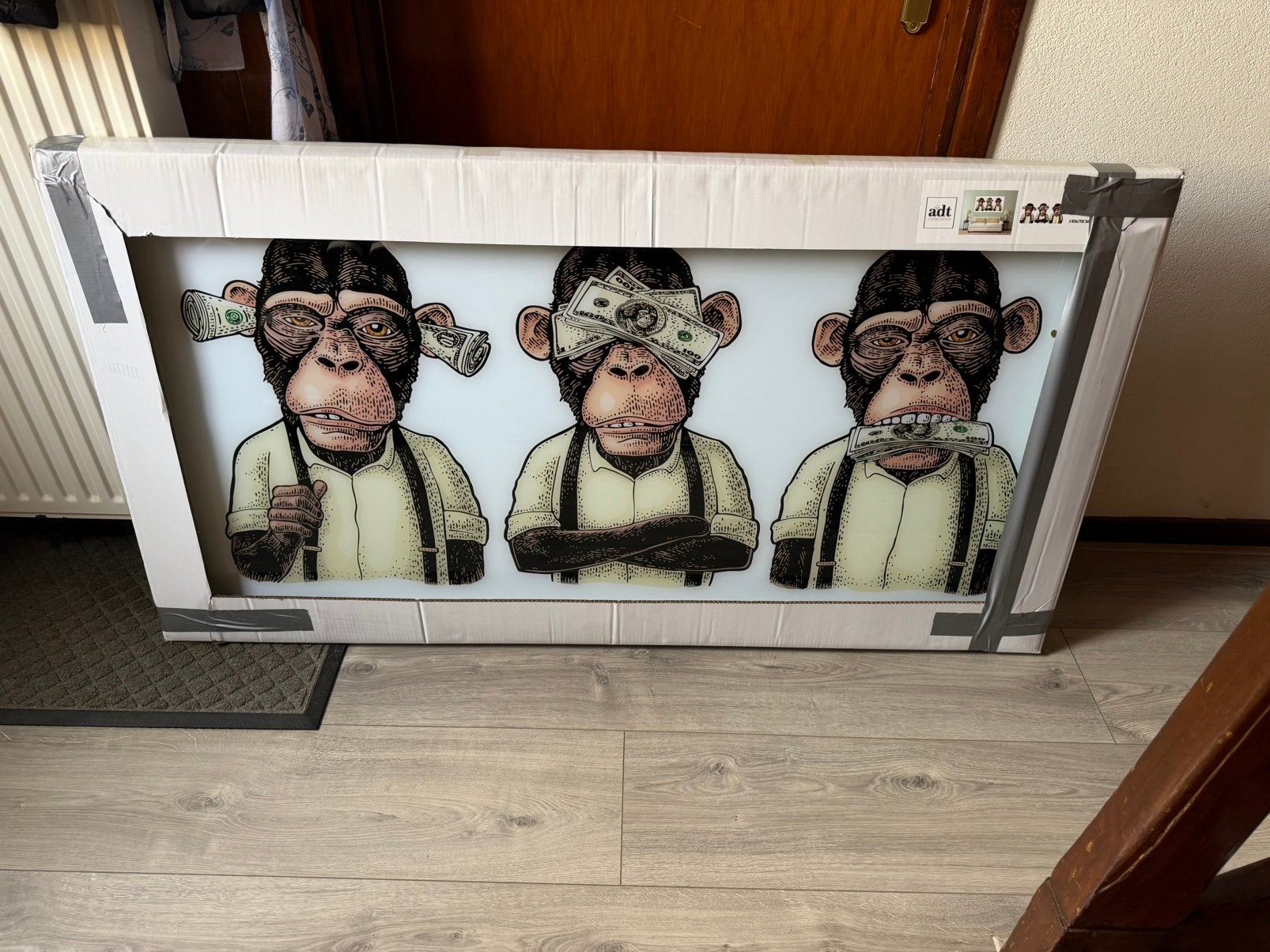 Nieuw schilderij Drie Wijze Apen met Dollars 140x70 cm, Huis en Inrichting, Woonaccessoires | Wanddecoraties, 140 cm, Schilderij
