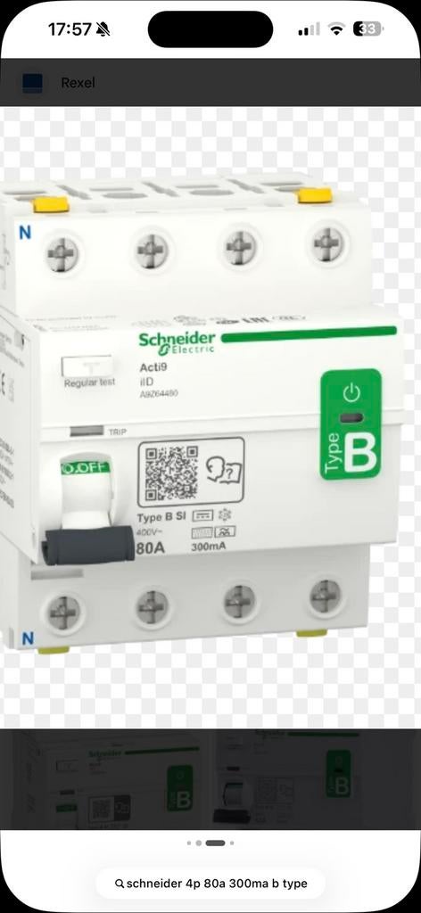 Schneider 80A B Type 300 en 30mA, Doe-het-zelf en Bouw, Elektriciteit en Kabels, Ophalen, Nieuw