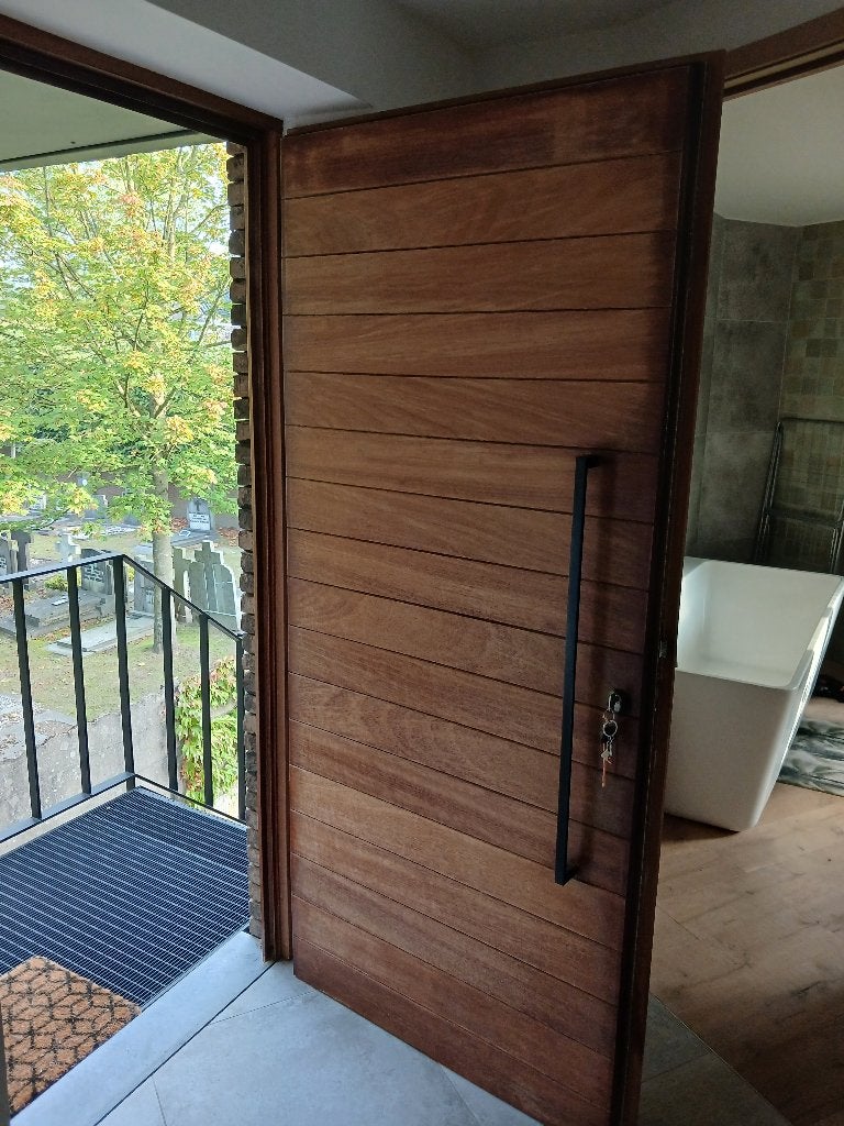 Iroko (exotisch hardhout) voordeur., Ophalen, 80 tot 100 cm, Overige typen, Zo goed als nieuw