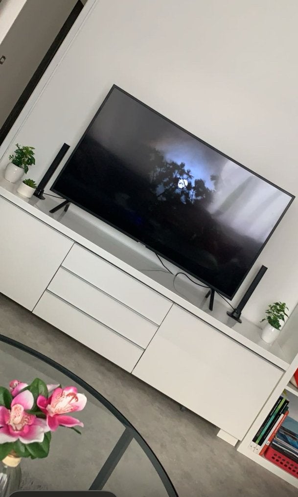 Meuble TV BESTÅ blanc – 180 cm – 3 tiroirs + 2 portes, Maison & Meubles, Enlèvement, Comme neuf