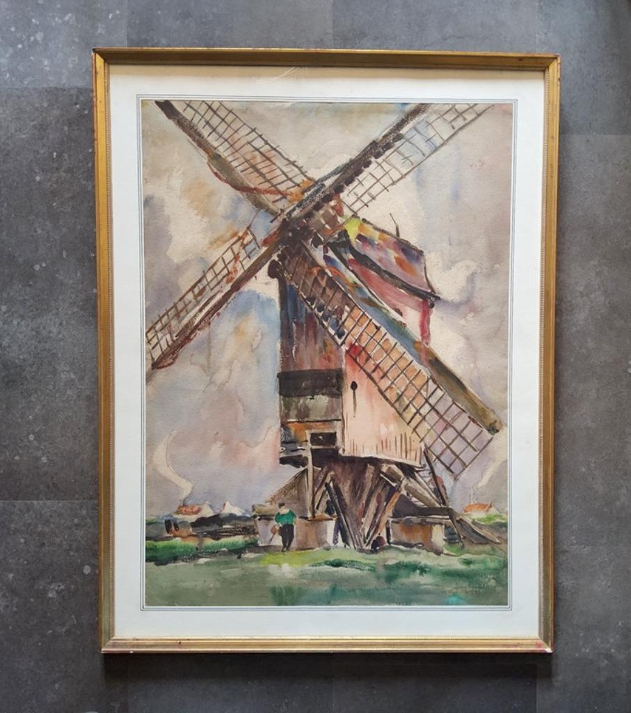 Aquarel Moulin de Bredene 1947 par Antoine Schyrgens (1890-1, Antiek en Kunst, Kunst | Etsen en Gravures, Ophalen