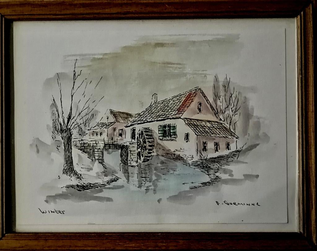 Drie gezichten watermolen en schuur – E. Goeminne, Antiek en Kunst, Ophalen of Verzenden