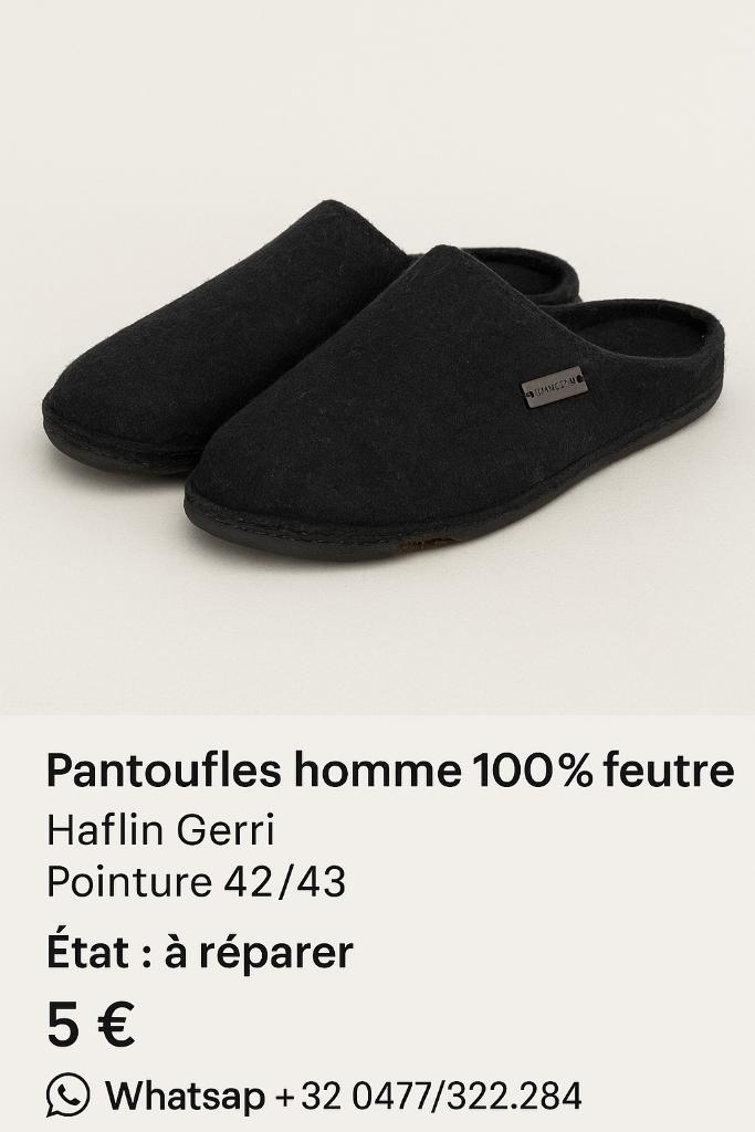Pantoufles homme 100% feutre Haflin Gerri - pointure 42/43, Enlèvement ou Envoi, Pantoufles, Porté, Autre