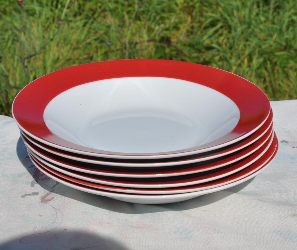 6 assiettes creuses bord  rouge maxime home, Enlèvement ou Envoi, Utilisé, Porcelaine, Assiettes(s)