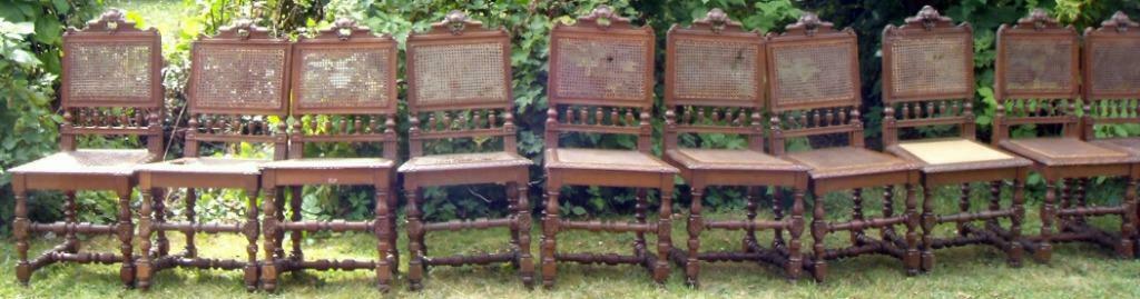 Lot de 10 chaises cannées et sculptées en chêne, moyen état, Enlèvement, Utilisé