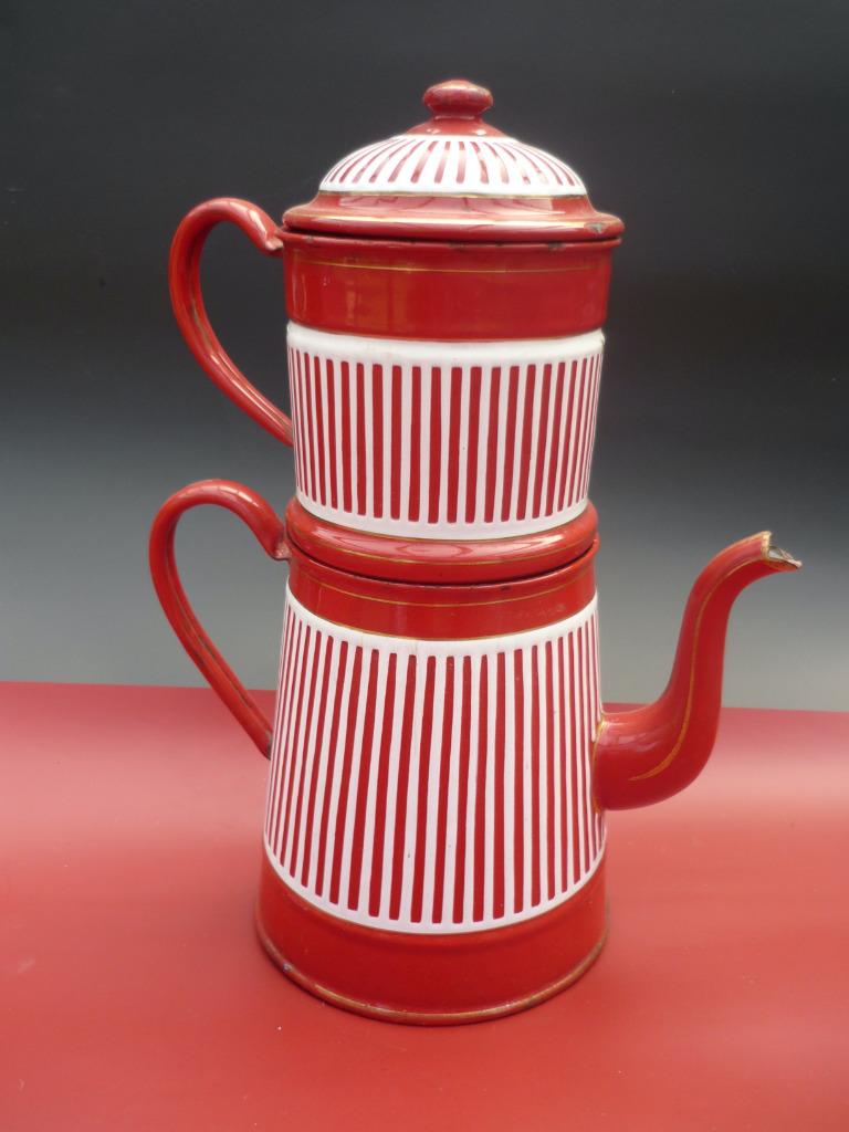 Vintage geëmailleerde koffiepot met rode en witte strepen, Antiek en Kunst, Verzenden