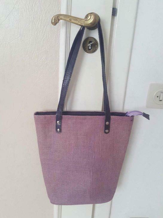 grand sac mauve prune lilas en lin tirette et anse brunes, Enlèvement ou Envoi, Utilisé