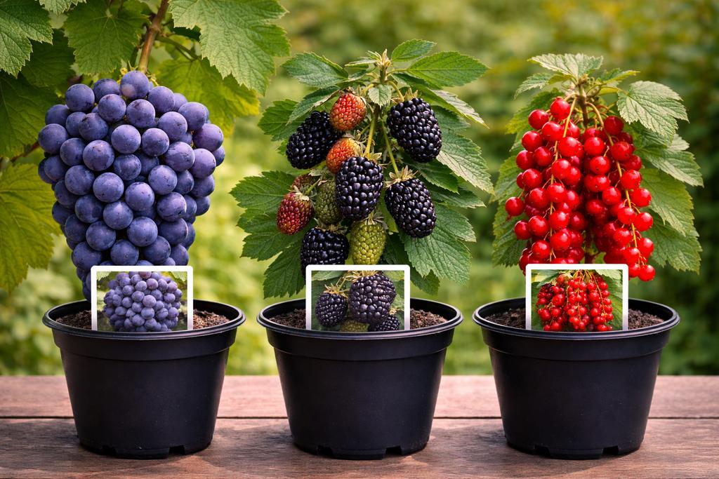 3 fruitplanten in pot – druif, braambes & rode aalbes, Ophalen, In pot