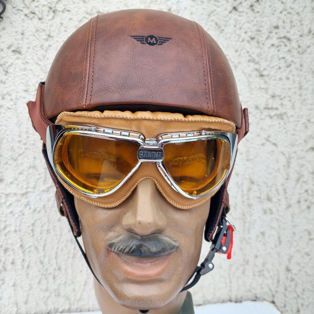 BRAINCAD MOTORHELM LEER VINTAGE CAFE RACER 57/58 + BRIL, Motoren, M, Heren, Jethelm, Ophalen of Verzenden