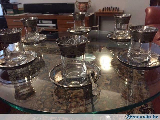 Ensemble de 6 petits verres de thé, dessins argent., Enlèvement ou Envoi, Comme neuf, Verre, Tasse(s) et/ou soucoupe(s)
