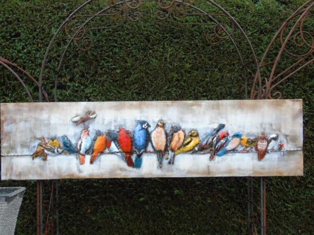 schilderij, metalen frame met reliëf, vogels op een draad, Tuin en Terras, Tuinwanddecoratie, Zo goed als nieuw, Ophalen of Verzenden