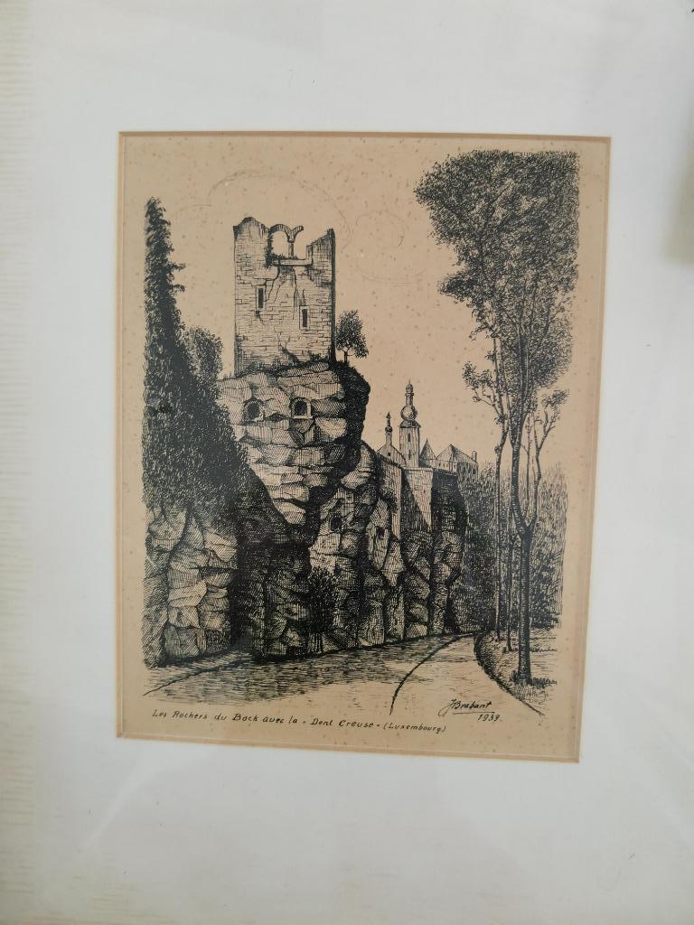 oude pentekening (1939) van Les Rocher du Bock in Luxemburg, Antiek en Kunst, Ophalen of Verzenden