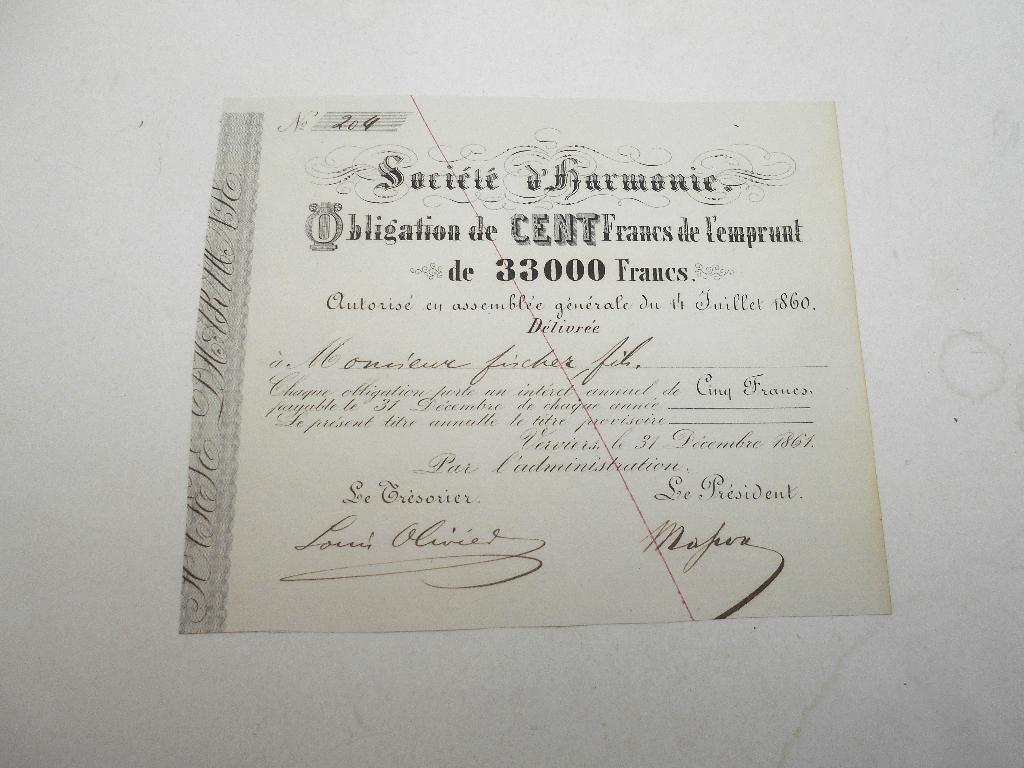 document ancien 1861 Obligation Harmonie Verviers, Enlèvement ou Envoi, Avant 1920, Obligation ou Prêt