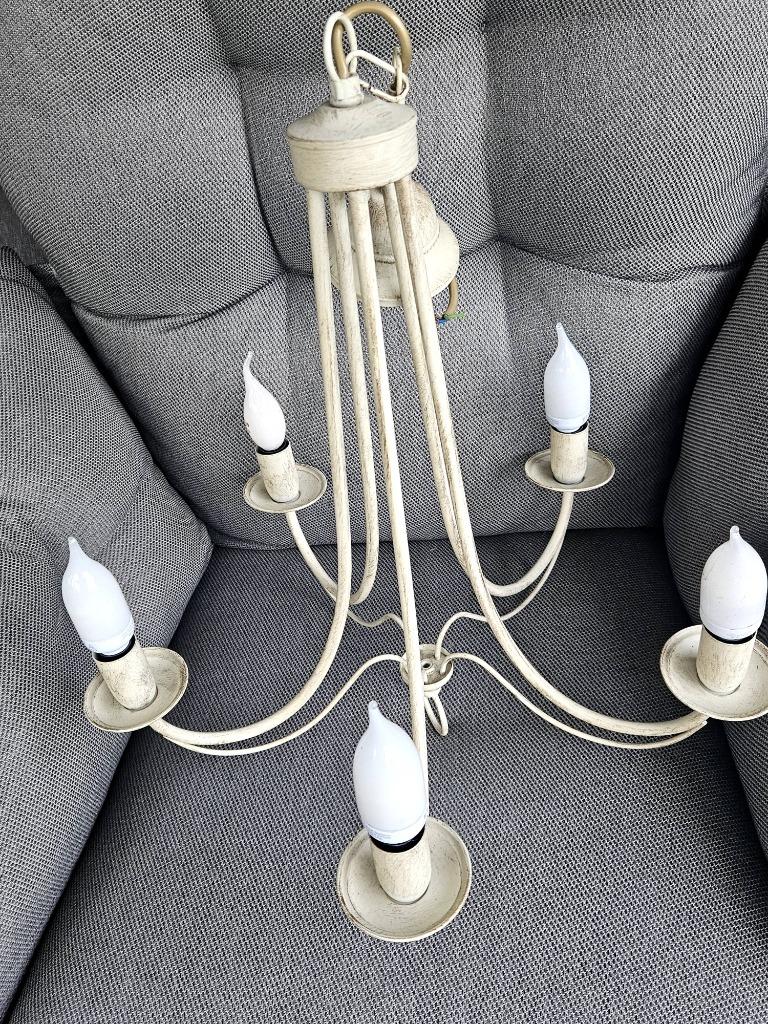 Lustre 5 branches couleur crème cérusée, Ophalen, Zo goed als nieuw, Metaal