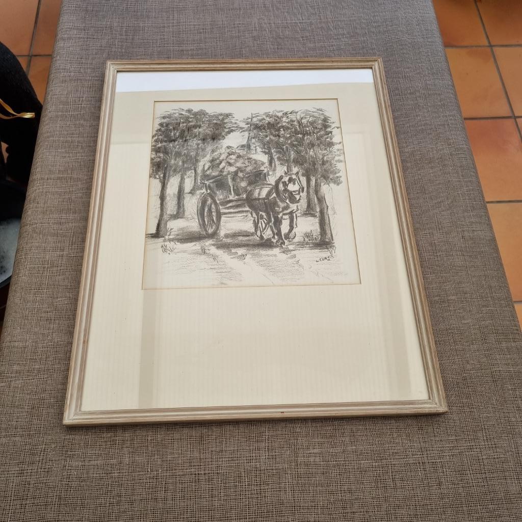 Houtskool tekening - Boerenkar - Leonardo Torfs, Ophalen of Verzenden