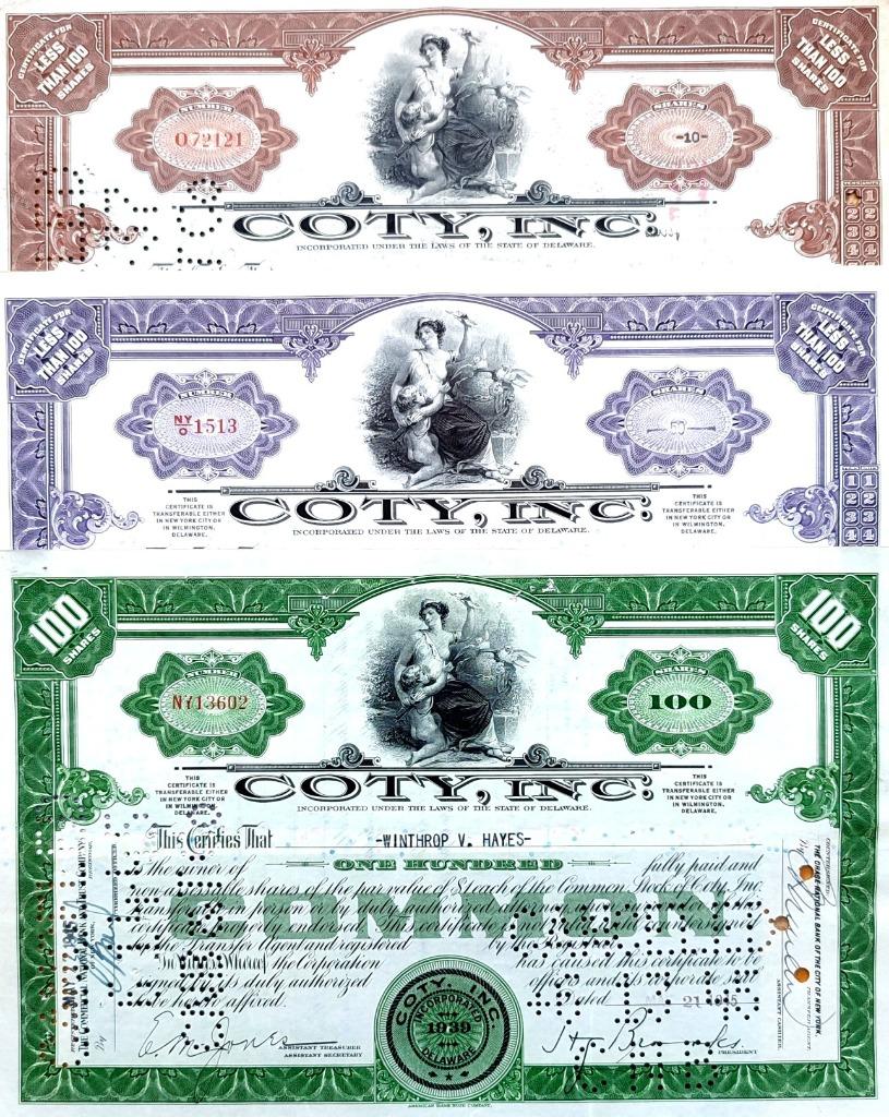3X Coty Inc.(Calvin Klein,Dolce&Gabbana etc.) 1931-1940-1945, Postzegels en Munten, Aandelen en Waardepapieren, Certificaat van aandeel