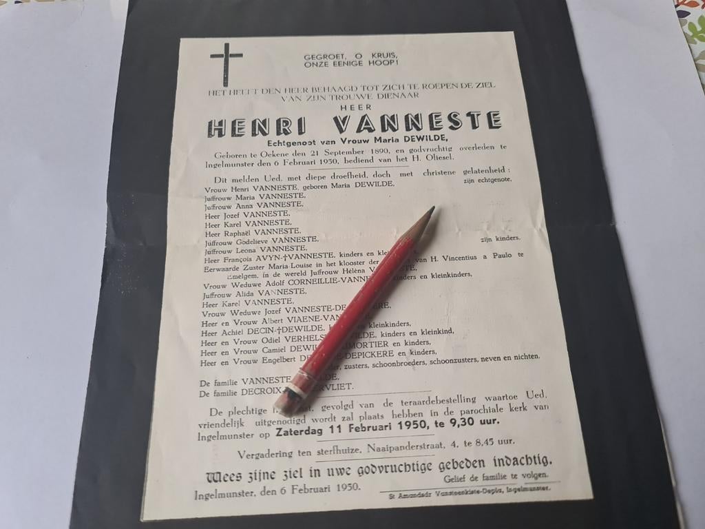 Rouwbrief henri vanneste 1890-1950, Verzamelen, Bidprentjes en Rouwkaarten, Ophalen of Verzenden