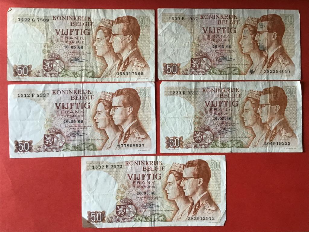 5 biljetten van 50 Fr Type 1966, Postzegels en Munten, Ophalen of Verzenden, Setje