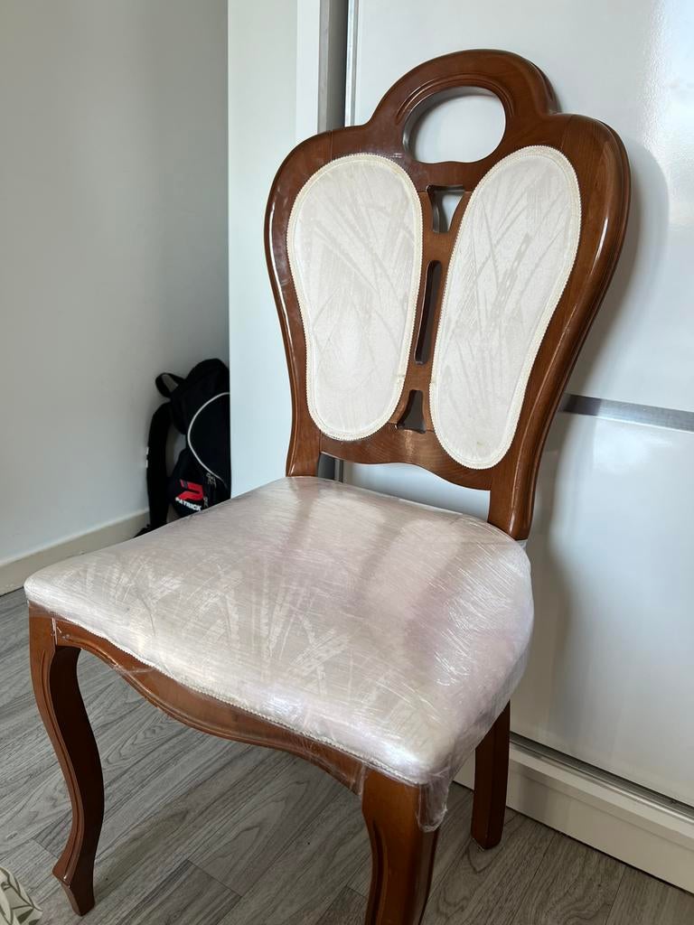 6 bruine houte stoelen met stoffen zitting, Huis en Inrichting, Stoelen, Gebruikt, Vijf, Zes of meer stoelen, Hout, Stof, Bruin