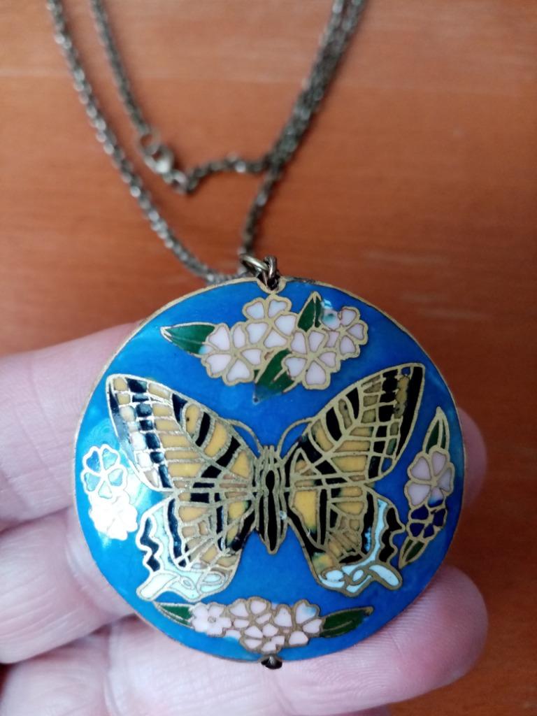 Chinese halsketting met dubbelzijdige cloisonne-metalen plaa, Ophalen of Verzenden, Gebruikt, Blauw, Overige materialen