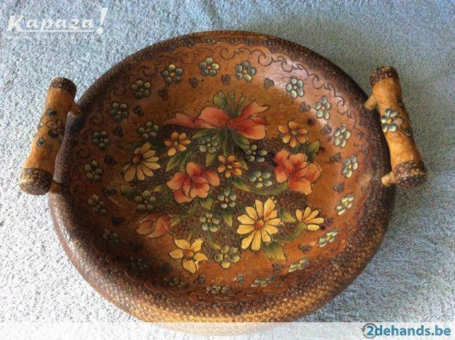 Oude houten schaal met bloemen, Antiek en Kunst, Ophalen of Verzenden