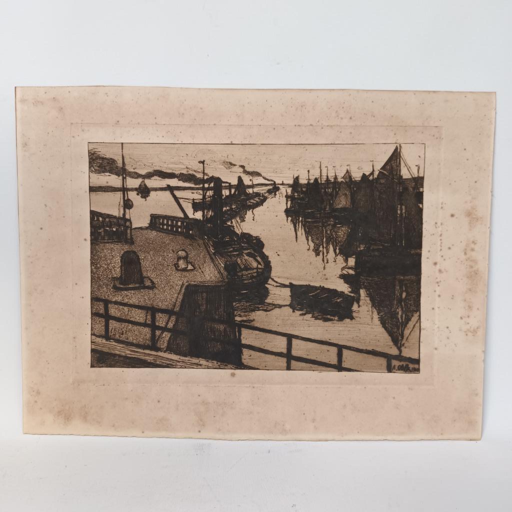 August Oleffe (1867-1931) - ets - Havenzicht kust van Nieuwp, Antiek en Kunst, Ophalen of Verzenden