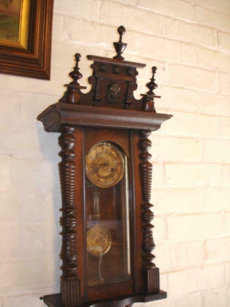 Antieke Franse muur-klok in eik H 84cm B 36cm D 17cm, Ophalen