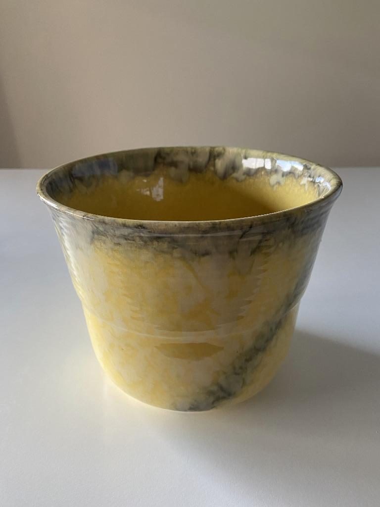 Vintage bloempot, geglazuurd geel - groen, Ophalen
