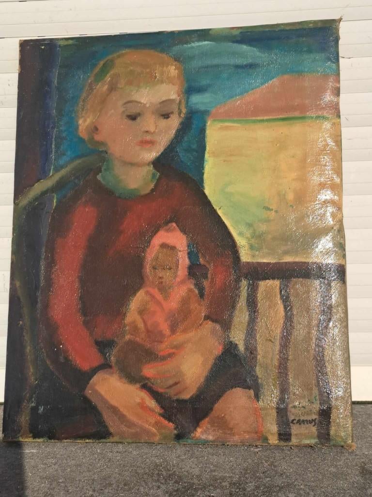 huile sur toile jeune fille a la poupee signe gustave camus, Antiquités & Art, Enlèvement ou Envoi