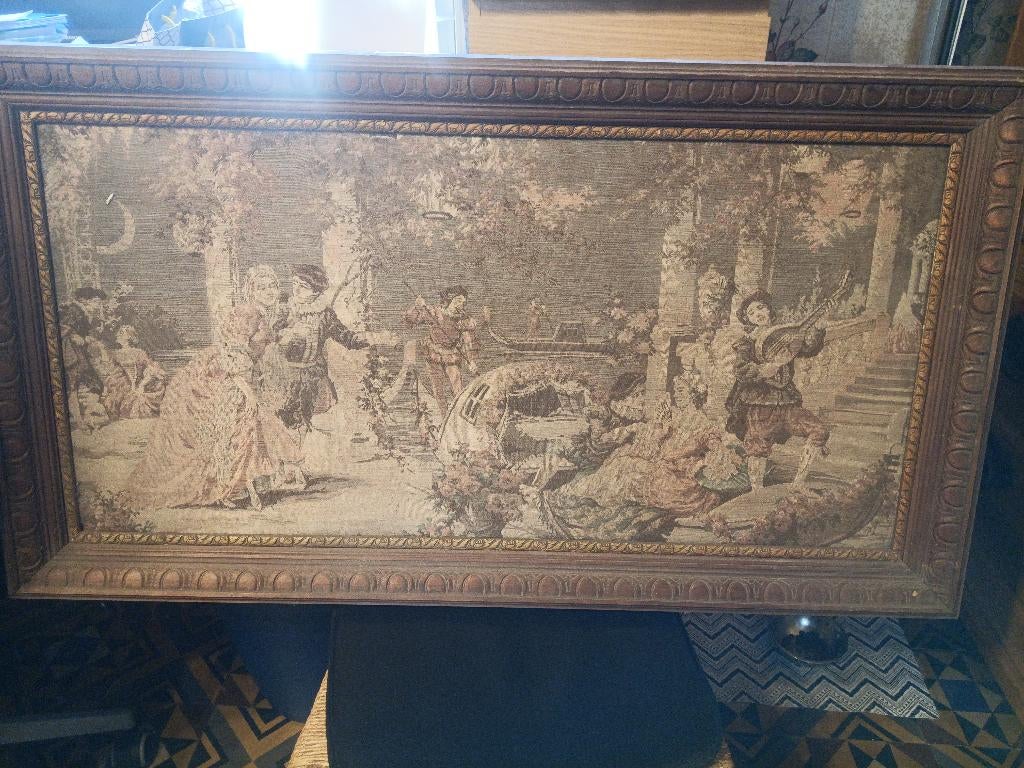 Grande tapisserie murale ancienne encadrée  111 x 61 cm, Enlèvement