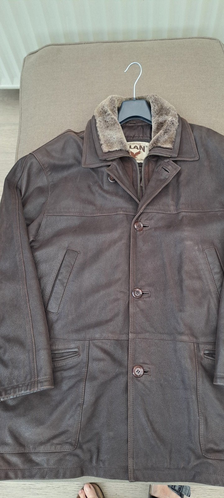 lederen herenjas met bontkraag kleur bruin, Ophalen of Verzenden, Zo goed als nieuw, Maat 48/50 (M), Bruin