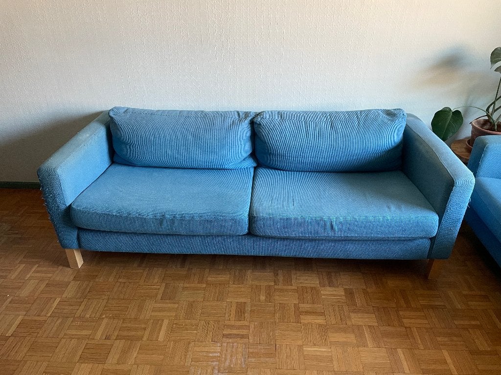 Twee blauwe 3-zitsbanken Karlstad van IKEA, Ophalen, Gebruikt, Driepersoons, 75 tot 100 cm