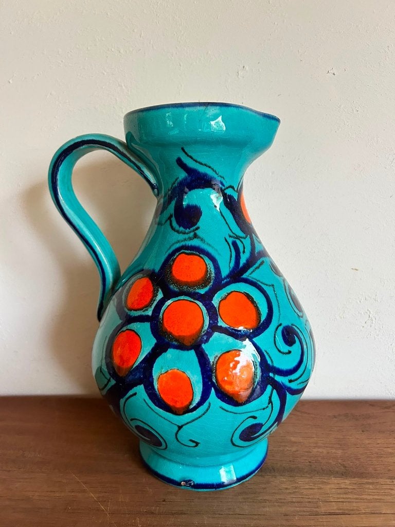 Vintage Italiaanse vaas – handbeschilderd turquoise & oranje, Ophalen of Verzenden